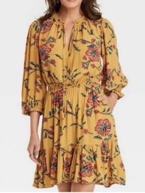 Knox Rose Floral Print Tie-Neck - Mustard Dress